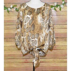 See and Be Seen Ladies L Brown Tie Front Sexy Snakeskin Blouse Top Short Sleeve